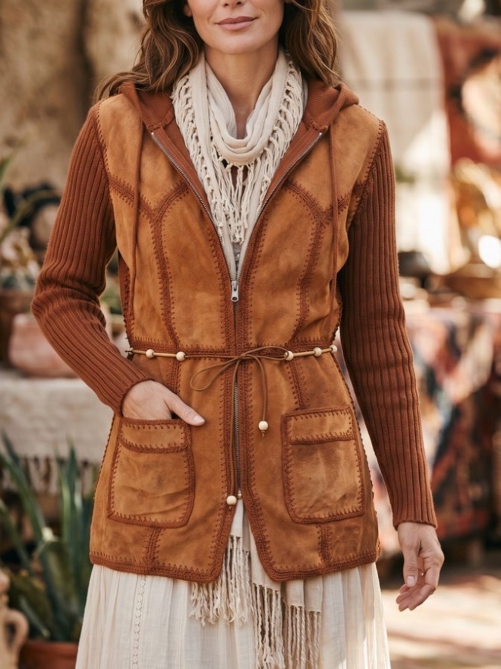 Vintage 70s Exclusive Imports Patchwork Suede Leather Knit Hooded Jacket Large